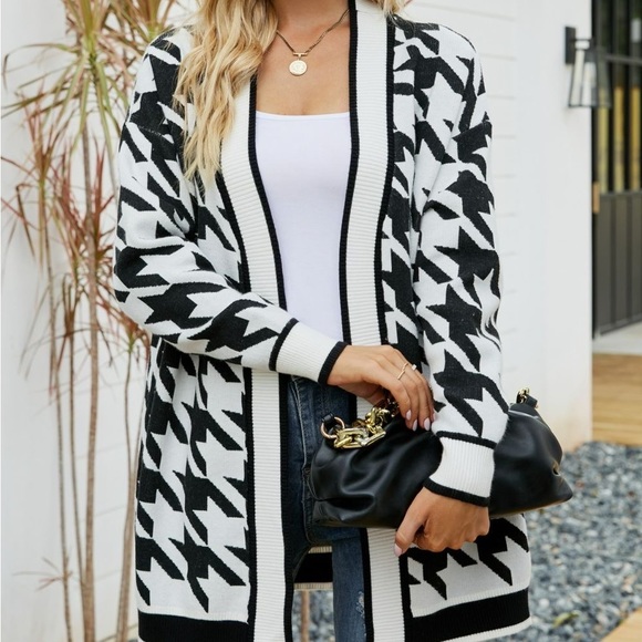 Sweaters - HOUNDSTOOTH RIBBED TRIM OPEN FRONT CARDIGAN
